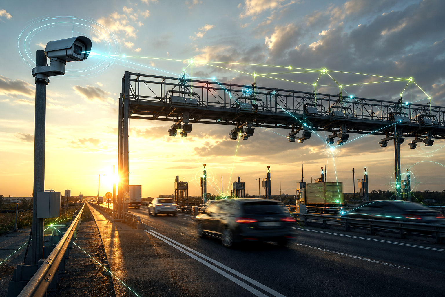 Highway toll gantries exchanging vehicle data at speed